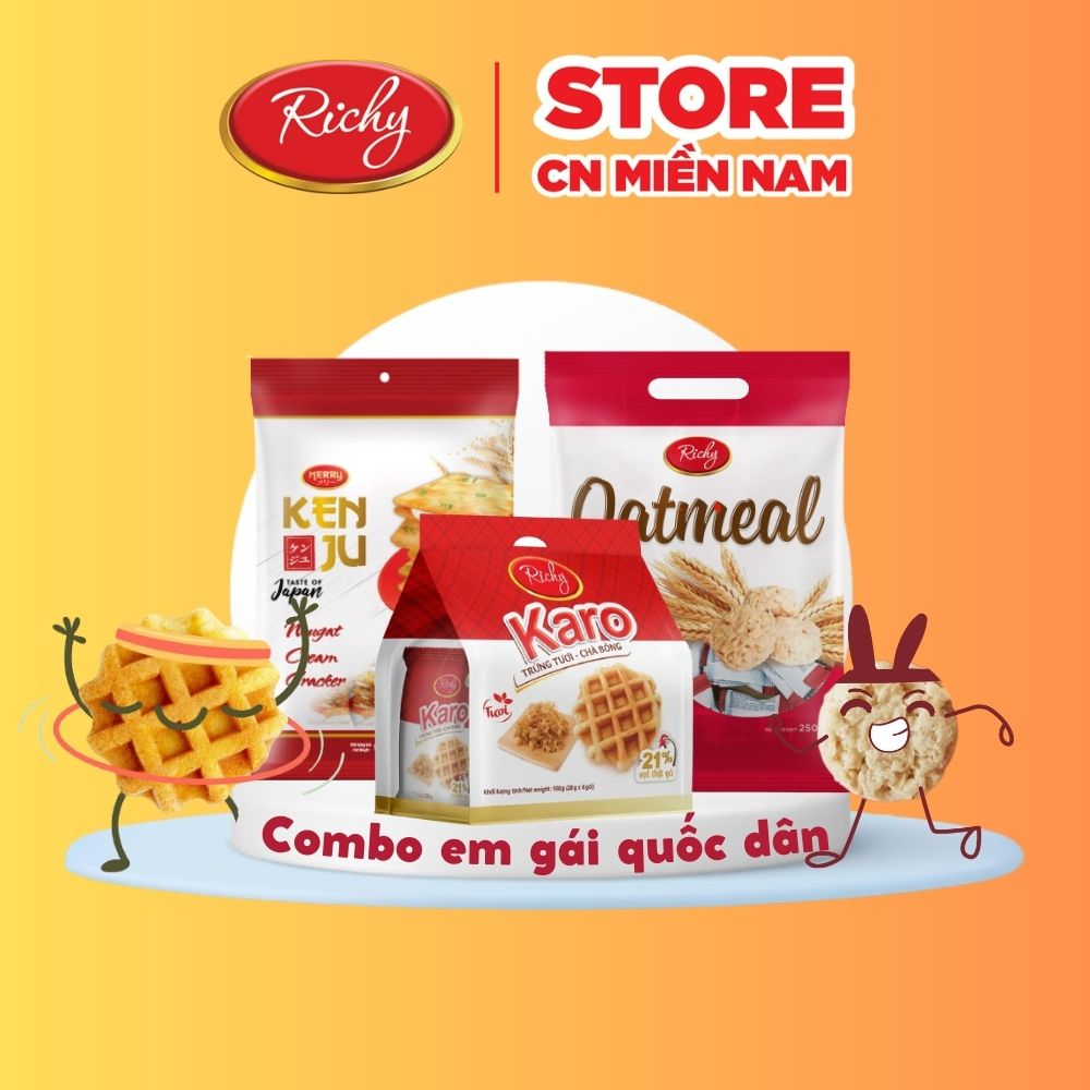 Combo EM GÁI QUỐC DÂN: bánh tươi Karo sợi gà chà bông, bánh quy kem dẻo Kenju 186g và yến mạch sữa 250g