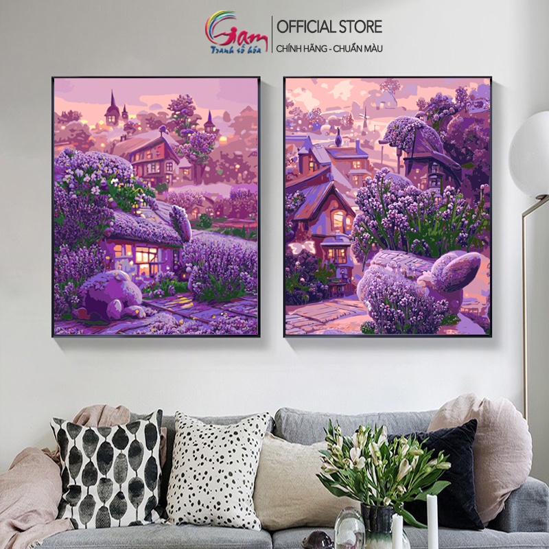 Tranh Tô Màu Theo Số Hoá Khu Vườn Màu Tím Lavender GAM Tiên Cảnh Đã Căng Khung COCI
