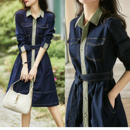Đầm váy sơ mi jean phối viền chất denim cao cấp loại 1 cho nữ phong các Hàn Quốc