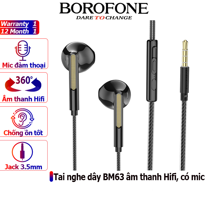 Tai nghe nhét tai BOROFONE BM63 nghe hay có mic đàm thoại, dây dài 1.2m - Chính hãng