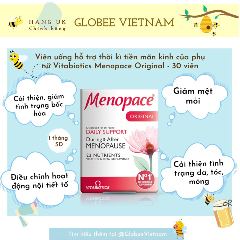 Viên uống TIỀN MÃN KINH bổ sung NỘI TIẾT TỐ, GIẢM MỆT MỎI, ĐẸP DA, KHOẺ TÓC Vitabiotics Menopace Original