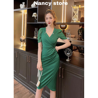 Đầm nữ dáng dài body thiết kế cổ vuông,dáng ôm tay lửng, cao cấp sang màu đen Nancy A43