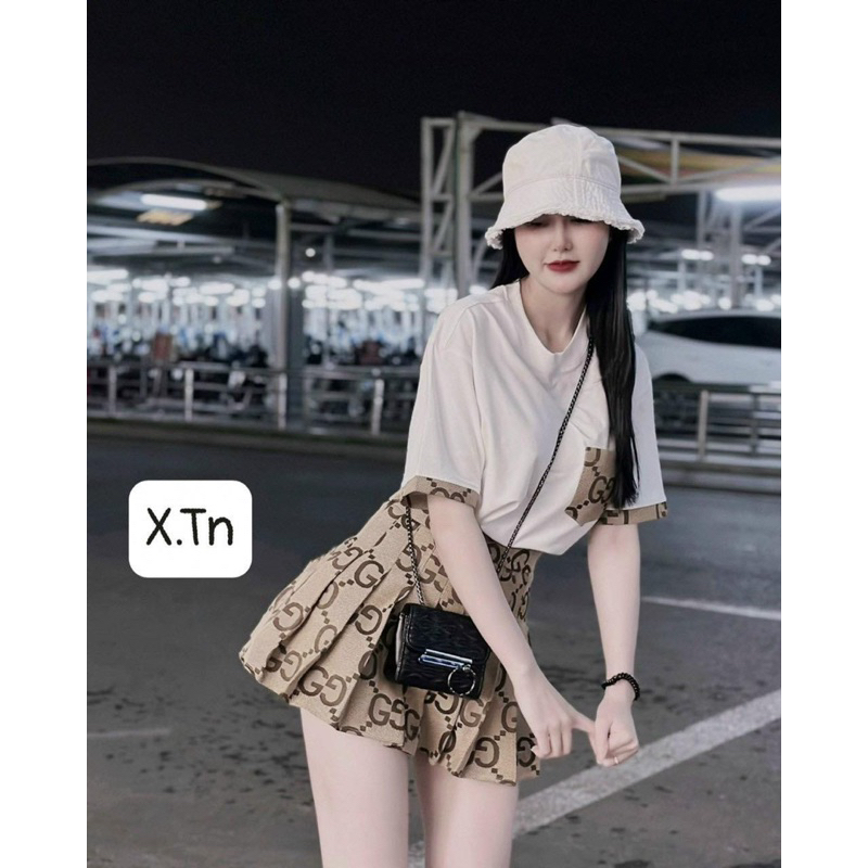 Chân Váy Xếp Li Áo Thun Trắng Set Bộ 2 Màu Xinh