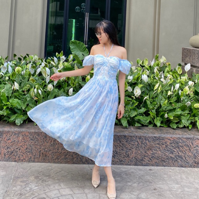 Đầm maxi hoa nhí BIGSIZE (55-80kg) màu xanh pastel, chất voan tơ dáng dài tay bồng trễ vai VAA10-[LALA Bigsize]