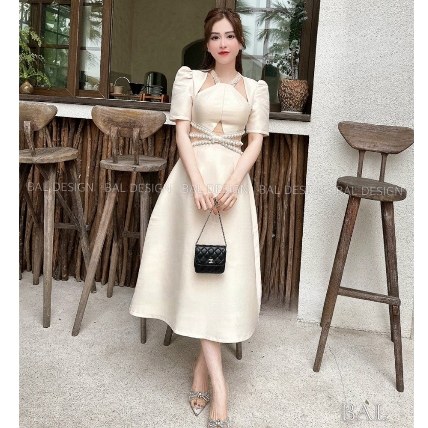 Váy đầm nữ đi dự tiệc cưới cổ yếm cách tân đính ngọc dáng dài qua gối tiểu thư sang chảnh thời trang thiết kế cao cấp LE