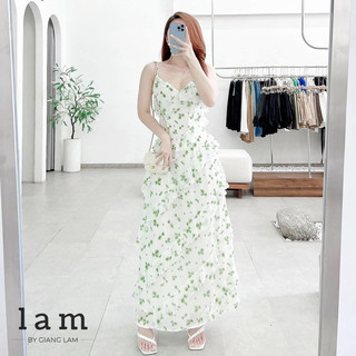 Đầm maxi hoa xanh 2 dây bèo phom dài