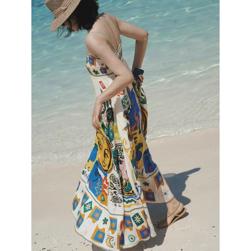 Đầm maxi hai dây họa tiết thời trang đi biển mùa hè hebe's X1
