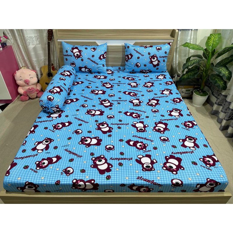 Bộ drap thun hàn quốc 4 món mẫu gấu dâu kẻ sọc 6 màu