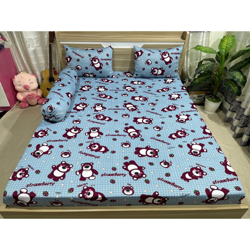 Bộ drap thun hàn quốc 4 món mẫu gấu dâu kẻ sọc 6 màu