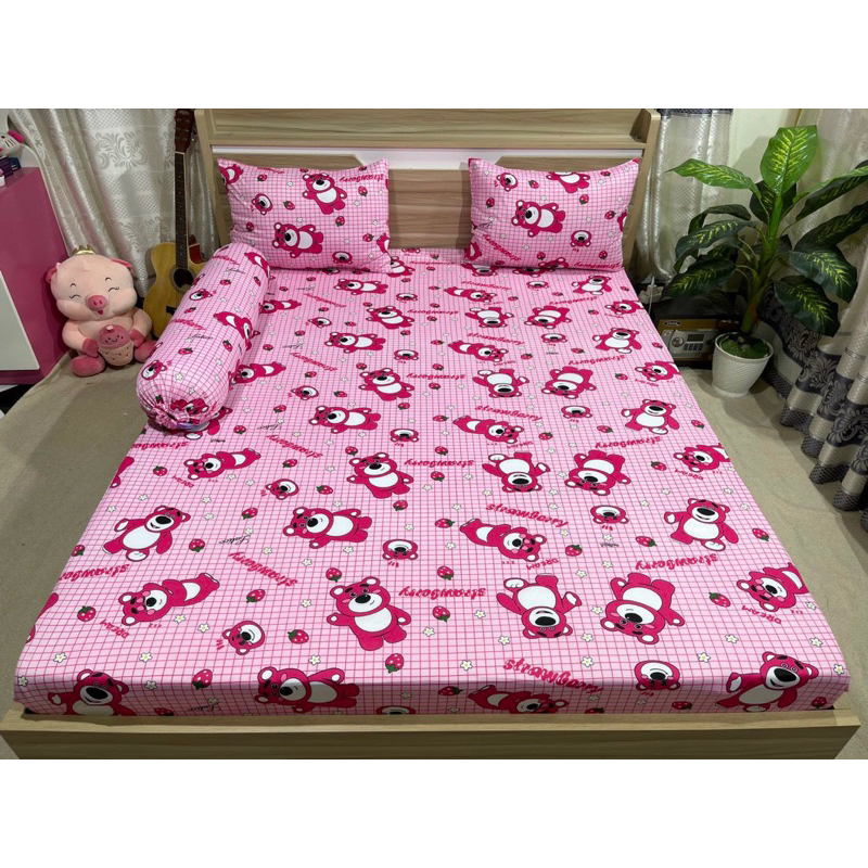 Bộ drap thun hàn quốc 4 món mẫu gấu dâu kẻ sọc 6 màu