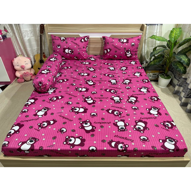 Bộ drap thun hàn quốc 4 món mẫu gấu dâu kẻ sọc 6 màu