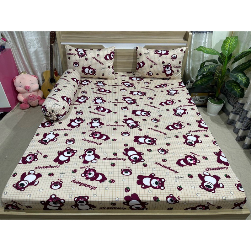 Bộ drap thun hàn quốc 4 món mẫu gấu dâu kẻ sọc 6 màu