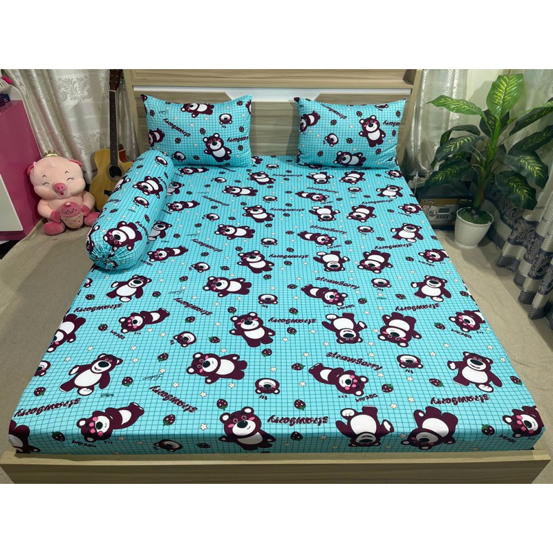 Bộ drap thun hàn quốc 4 món mẫu gấu dâu kẻ sọc 6 màu