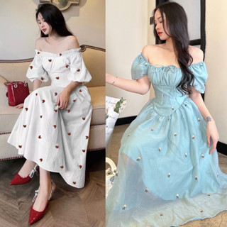 Đầm maxi hoa bẹt vai