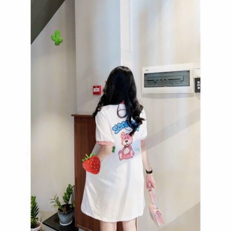 Đầm Thun Dáng Suông in Hình Gấu Xinh Tay Phối Màu