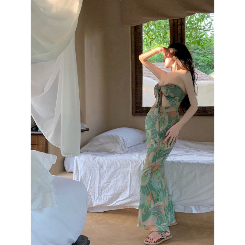 Đầm lụa cut ngực họa tiết xanh nổi bật thời trang nữ mùa hè herse B3