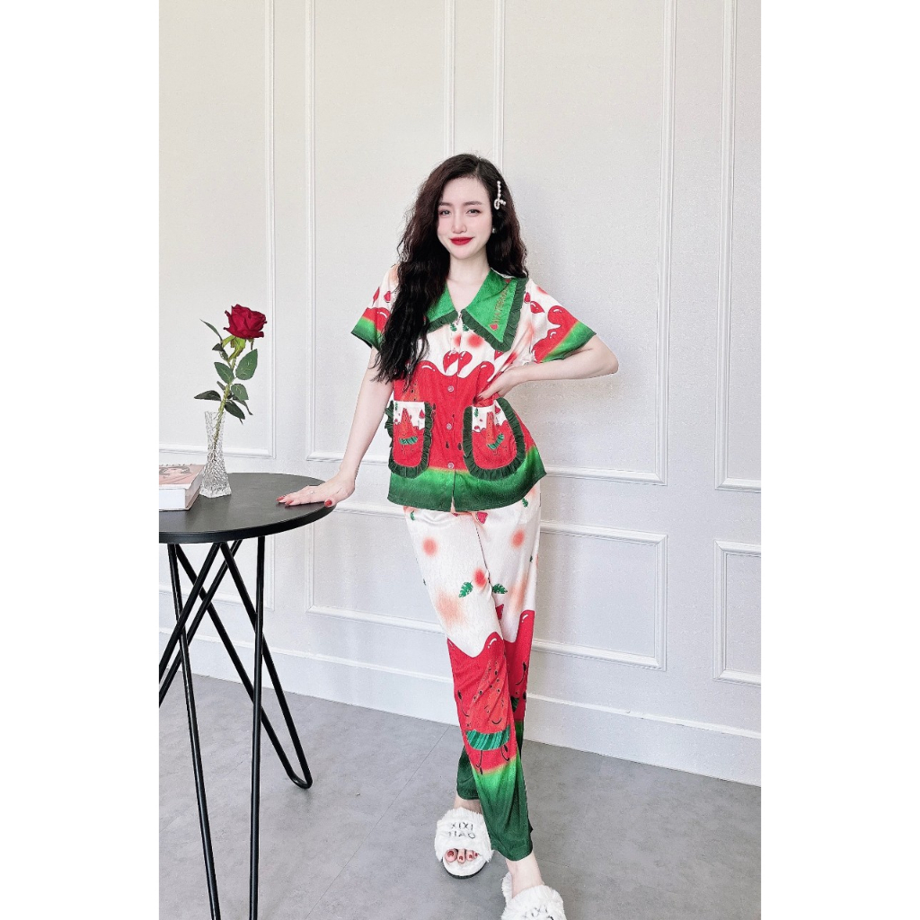 Đồ Bộ tay ngắn quần dài Pijama vải lụa xước ánh kim cao cấp