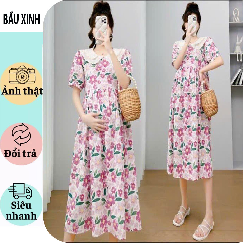 VÁY ĐẦM BẦU CÔNG SỞ ĐEP-ĐẦM BẦU BABYDOLL HOA TÍM CỔ SEN TRẮNG BÁNH BÈO VẢI THÔ MỀM MÁT BIGSIZE GIÁ RẺ CHO MẸ