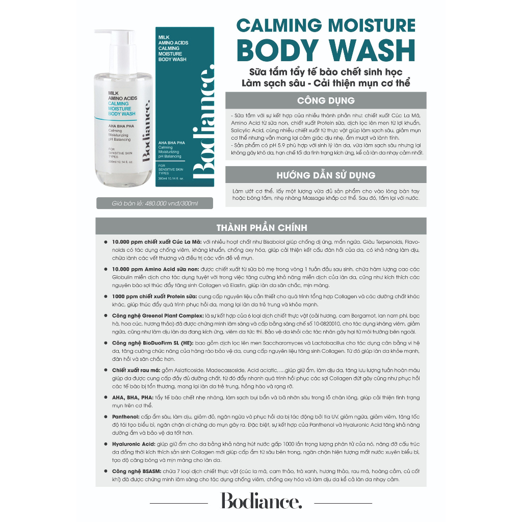 Sữa tắm trắng da dưỡng ẩm tẩy da chết Calming Body Wash Bodiance 300ml