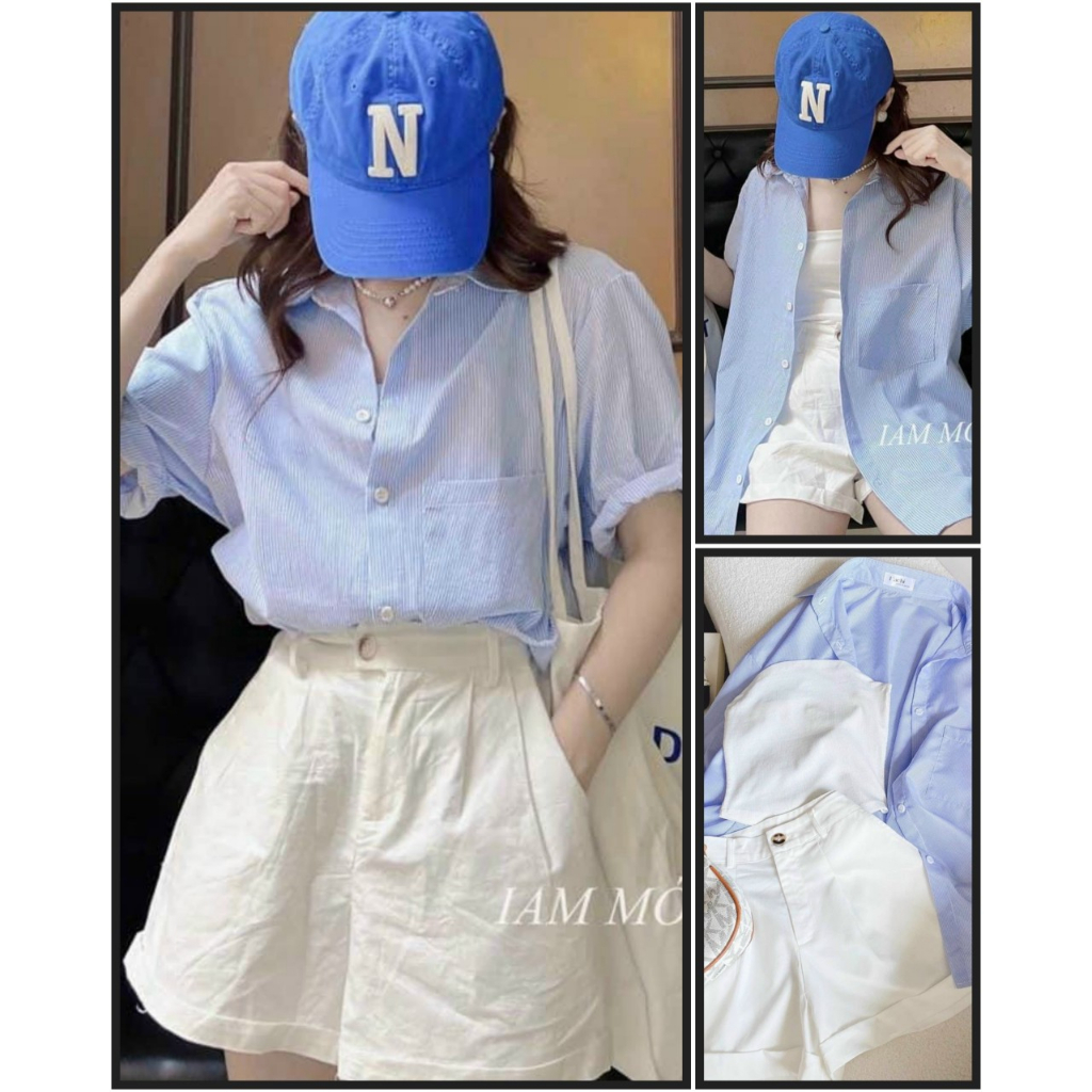Set đồ nữ thời trang áo ống mix áo somi tay ngắn dáng rộng mix quần short ống rộng kiểu dáng basic dành trang xinh xắn