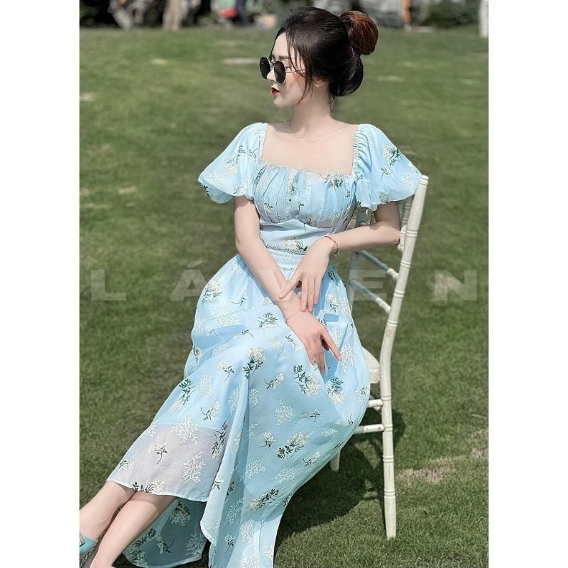 Váy đầm nữ maxi đi biển dáng xòe họa tiết hoa cổ vuông tay phồng 114