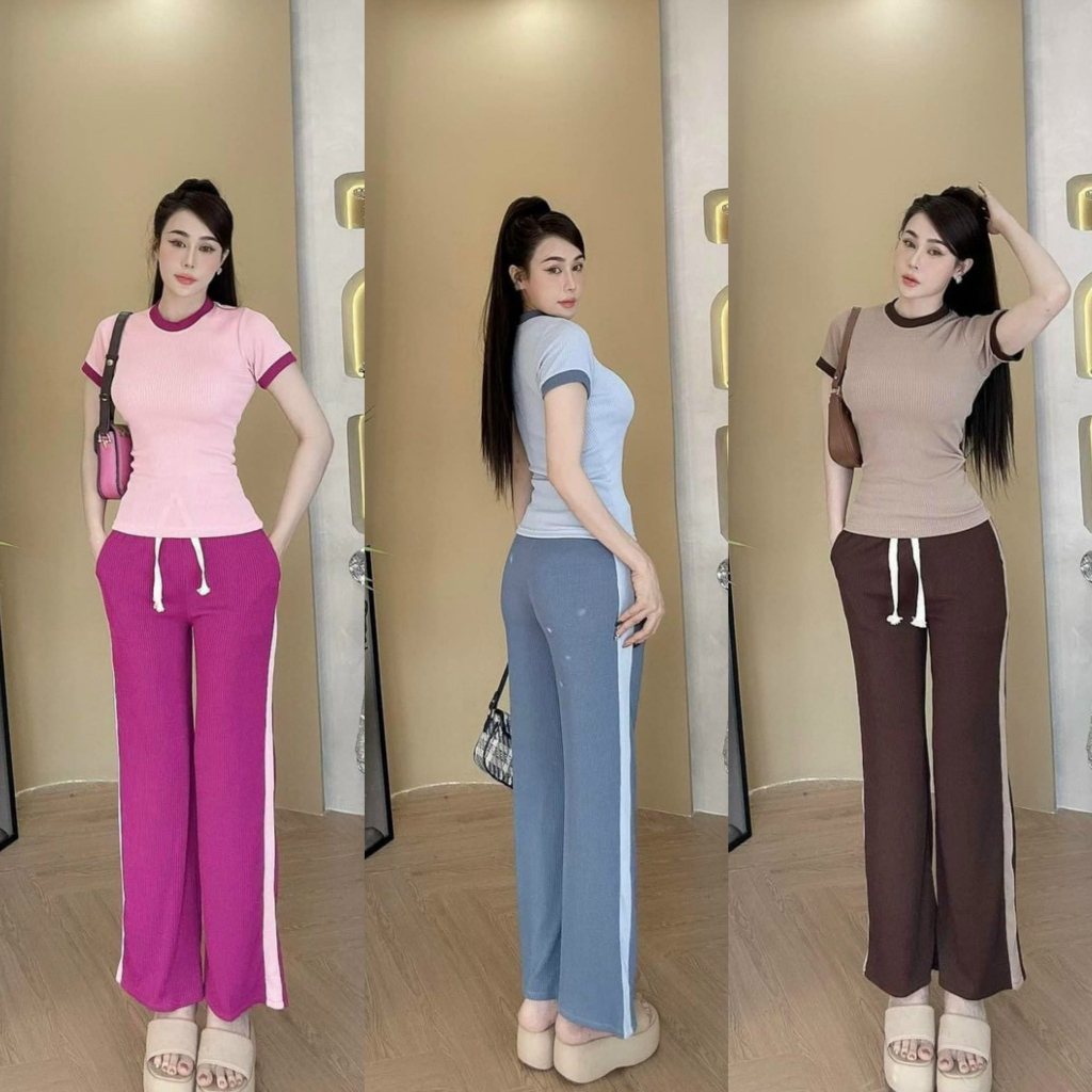 Set bộ gân kẻ sọc áo tay ngắn phối viền mix quần ống rộng với các tone màu sang chảnh, tôn da cho các nàng đi chơi