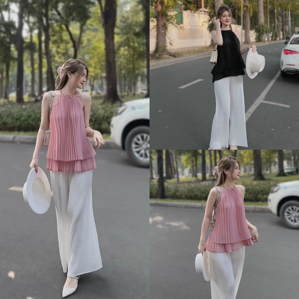 Set bộ lụa dập ly áo tầng cổ yếm mix quần suông cùng 2 tone màu hồng dịu dàng, đen sang chảnh phù hợp dự tiệc, đi biển