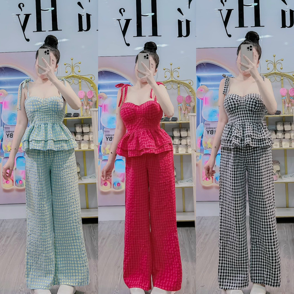 Set bộ đồ nữ đũi sọc caro sẵn mút áo 2 dây sẵn mút xếp tầng mix quần suông siêu tôn dáng cho các chị em đi chơi, đi dạo