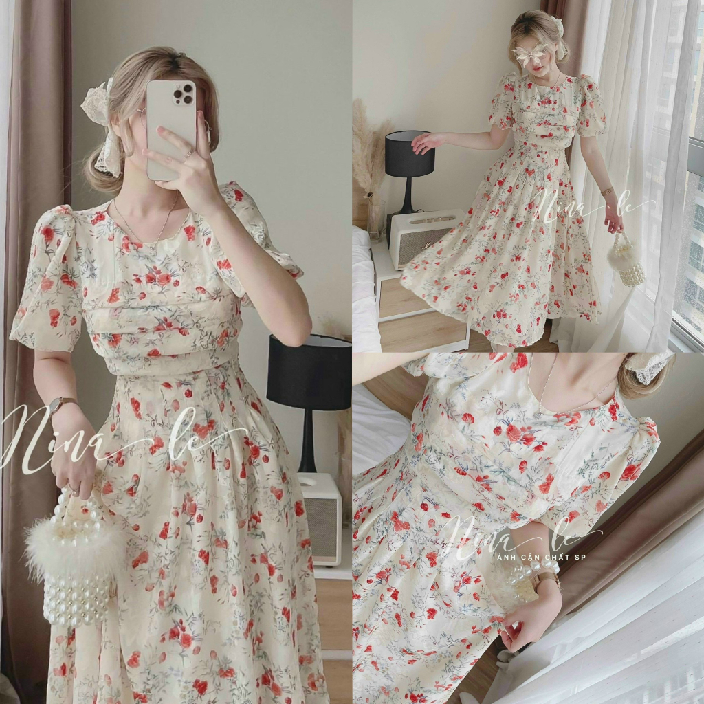 Đầm váy nữ maxi voan hoa chingfon 2 lớp họa tiết xếp ly ngực tay phồng siêu xinh cho các tình yêu đi dự tiệc, đi biển