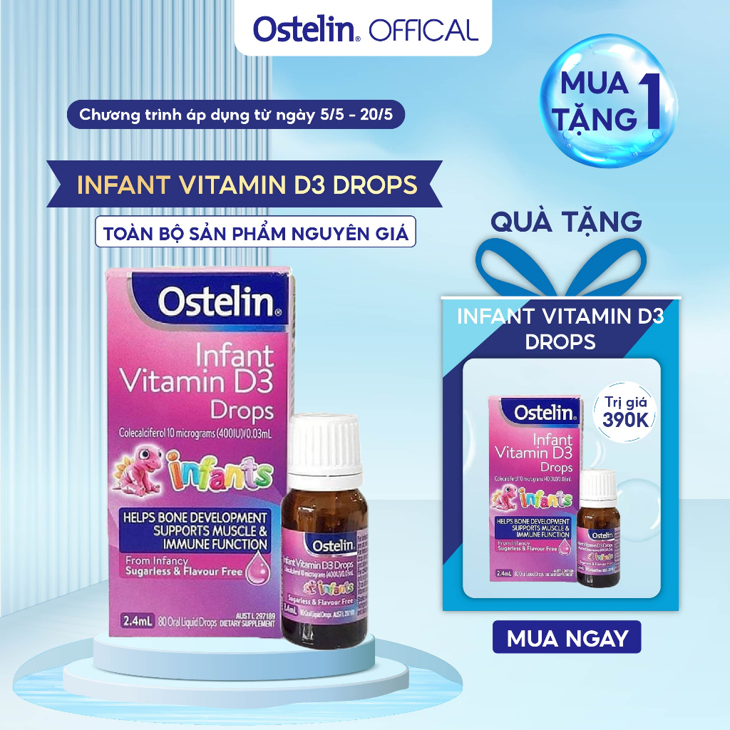 (Mua 1 tặng 1) Vitamin D3 400IU Ostelin Infant Kids Drop 2.4ml cho trẻ sơ sinh giúp tăng khả năng hấp thụ canxi