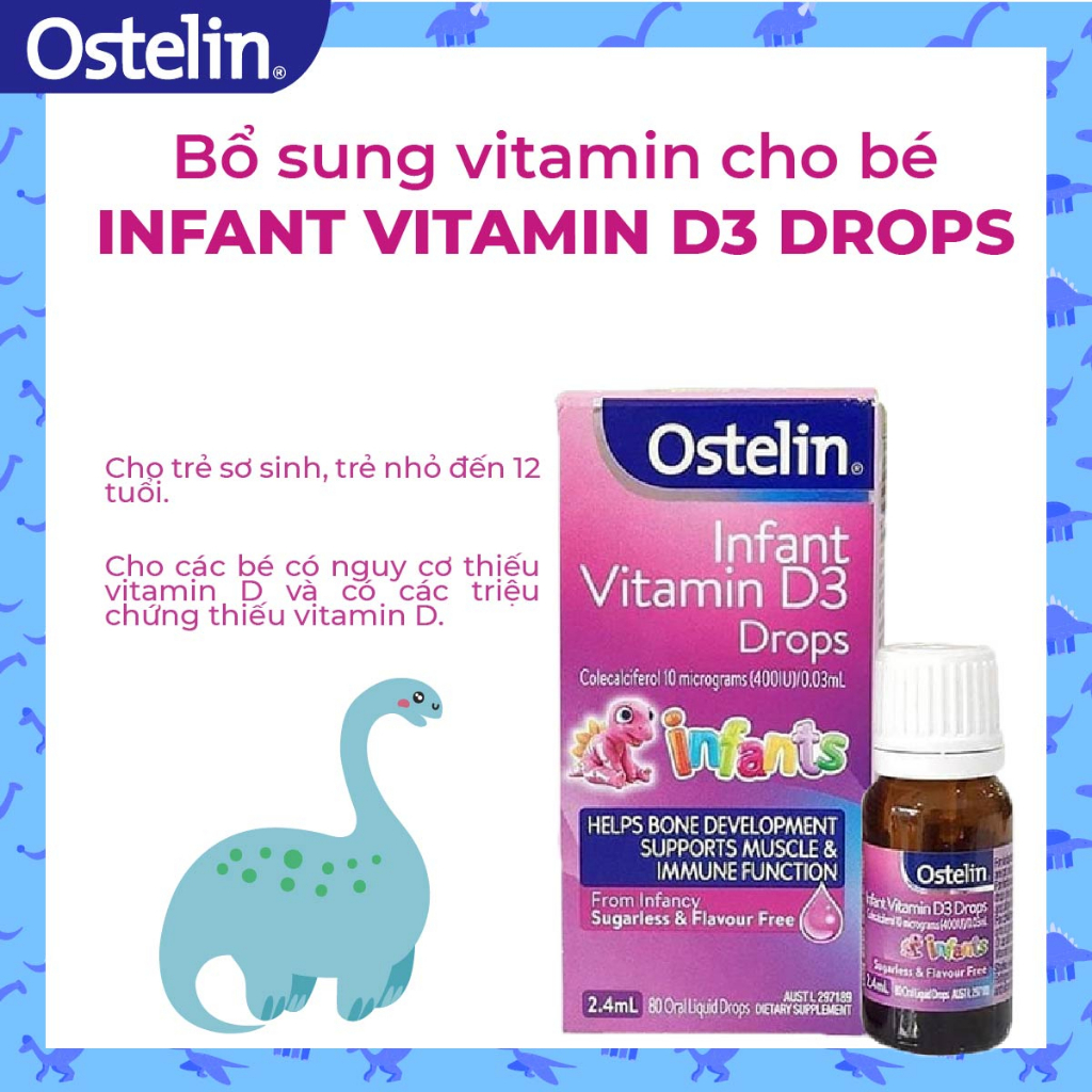 Vitamin D3 400IU Ostelin Infant Kids Drop 2.4ml cho trẻ sơ sinh giúp tăng khả năng hấp thụ canxi