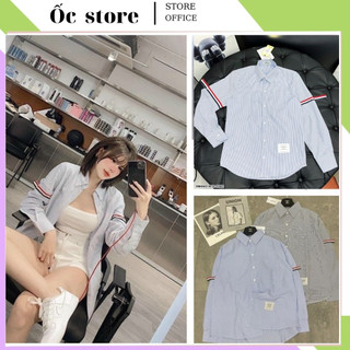 Áo sơ mi nữ nam thom kẻ sọc viền tay , sơ mi unisex dài tay rộng viền đỏ xanh hot mùa hè này.