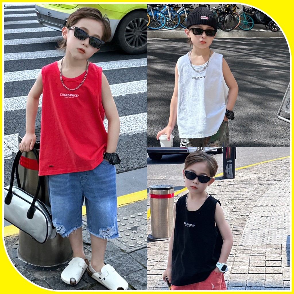 Áo ba lỗ bé trai rách in chữ A318 size 90-140, áo tanktop trẻ em quảng châu cao cấp