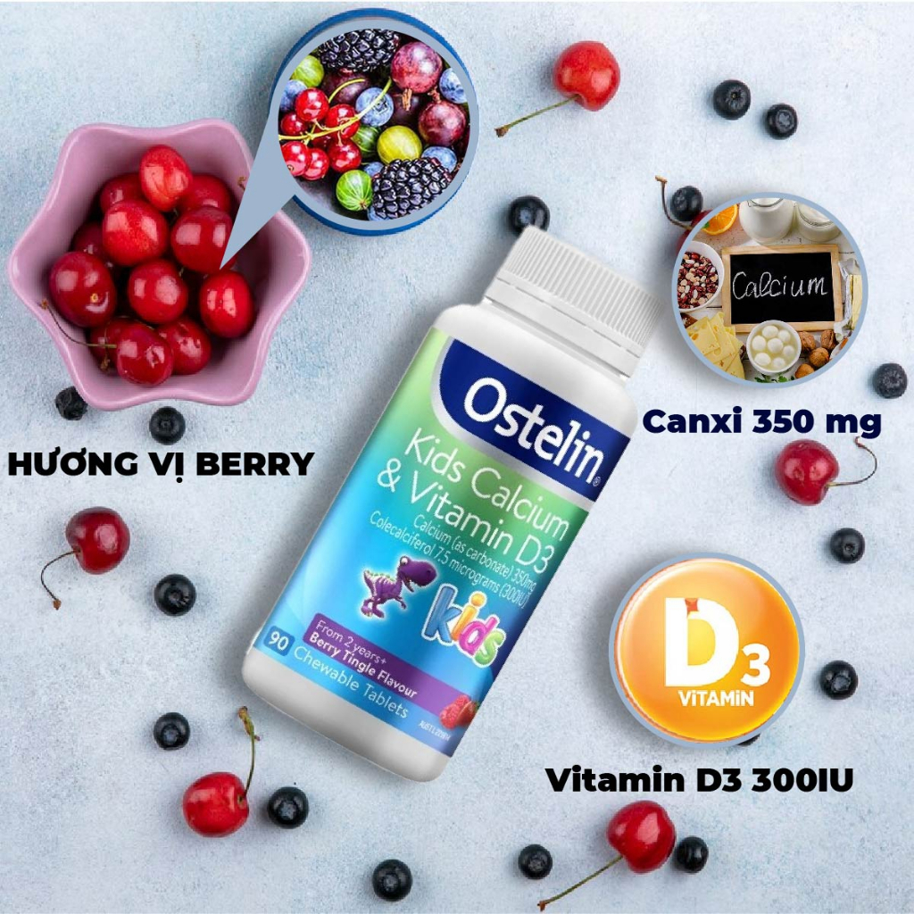 Viên uống bổ sung Calcium & Vitamin D3 Kids Ostelin cho bé, hỗ trợ miễn dịch và cấu trúc xương 90 viên
