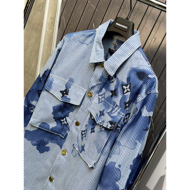 ⚡️[Hight Quality] Hàng Có Sẵn!! Áo Sơ Mi Denim Luon Vuituoi Striped Monogram Wordwear - Thiết Kế Kẻ Sọc Xanh Cao Cấp
