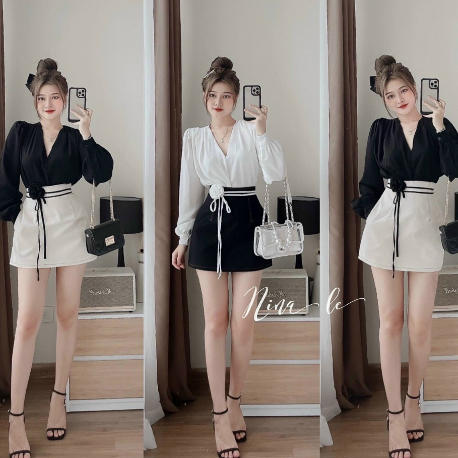 Set đồ nữ áo somi cổ chữ V mix chân váy chữ mix dây cột hoa thời trang hot trend 2 tone màu đen, trắng sang chảnh