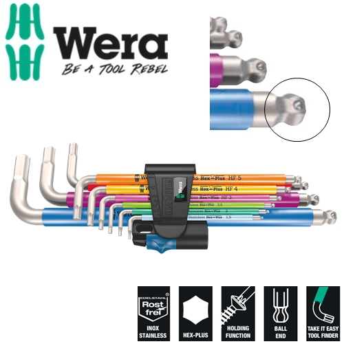 Bộ lục giác thép không gỉ nhiều màu đầu có VIÊN BI giữ vít Wera 05022699001 3950/9 Hex-Plus Multicolour HF Stainless 1