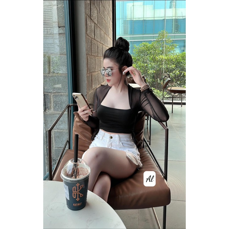 Áo lưới dài tay rút dây eo