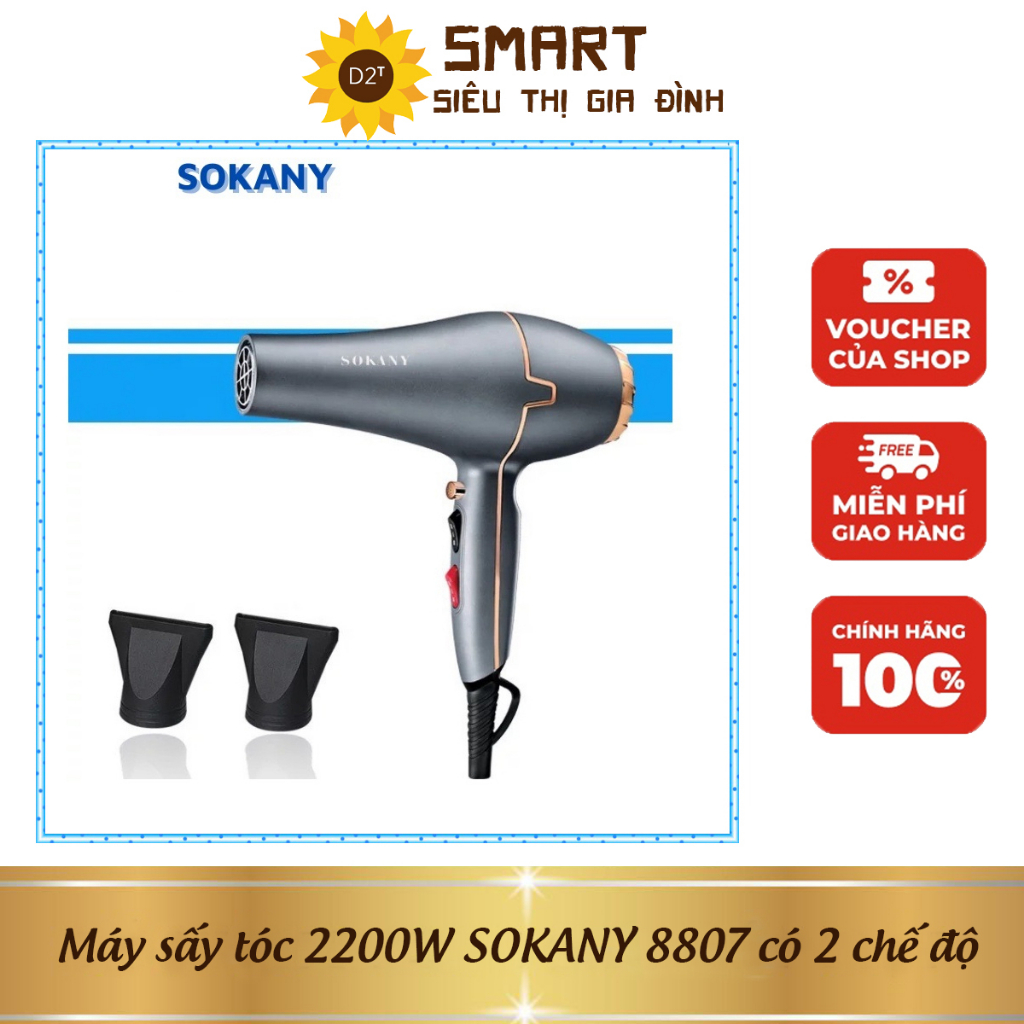 Máy sấy tóc 2200W SOKANY 8807 có 2 chế độ Nóng - Lạnh tặng kèm đầu tạo kiểu