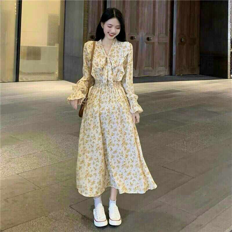 Đầm hoa nhí dáng maxi xếp ly dài tay cổ thắt nơ duyên dáng, đáng yêu phù hợp đi chơi, dạ hội, diện tiệc [456]