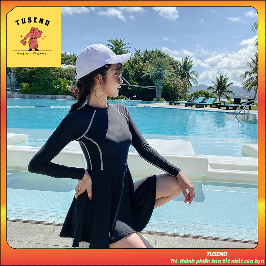 Bikini đi biển kín đáo 1 mảnh liền váy đồ bơi nữ dài tay có quần bảo hộ