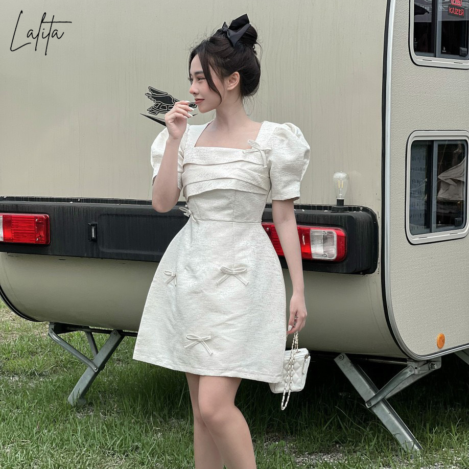 Váy tafta gân gỗ đính nơ hai lớp full size Lalita shop có Bigsize hai màu trắng, xanh mã V2