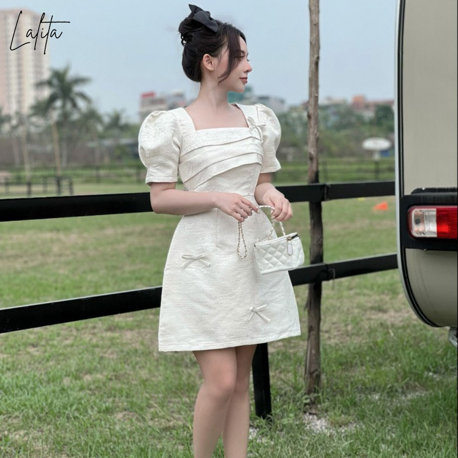 Váy tafta gân gỗ đính nơ hai lớp full size Lalita shop có Bigsize hai màu trắng, xanh mã V2