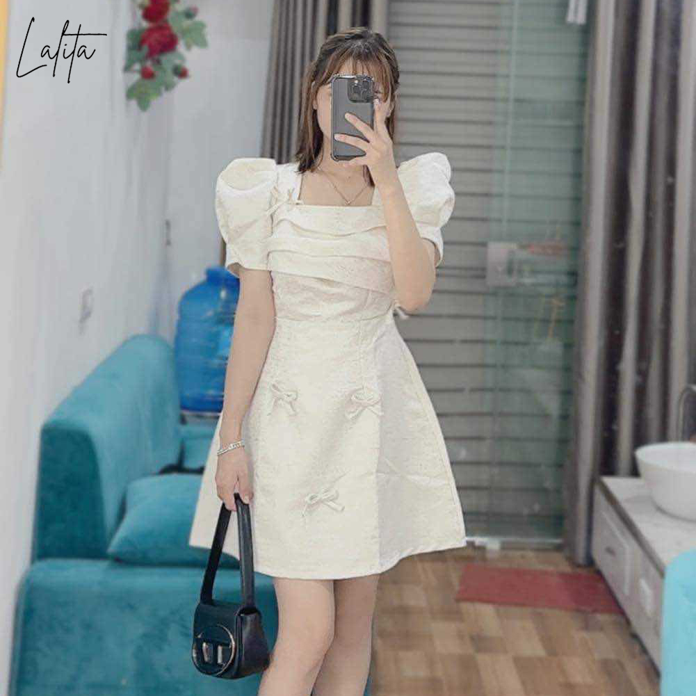 Váy tafta gân gỗ đính nơ hai lớp full size Lalita shop có Bigsize hai màu trắng, xanh mã V2