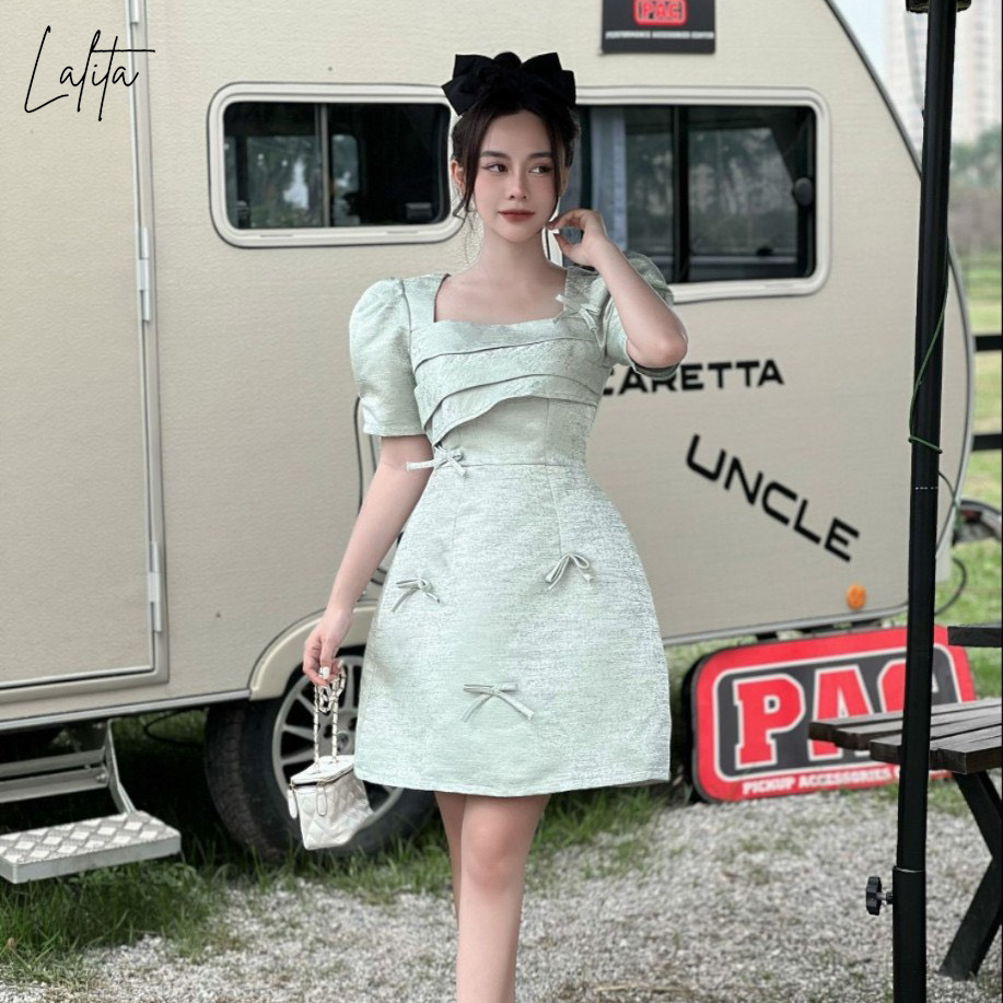 Váy tafta gân gỗ đính nơ hai lớp full size Lalita shop có Bigsize hai màu trắng, xanh mã V2