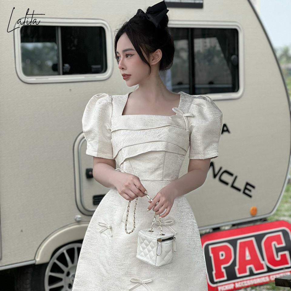 Váy tafta gân gỗ đính nơ hai lớp full size Lalita shop có Bigsize hai màu trắng, xanh mã V2