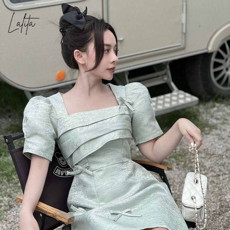 Váy tafta gân gỗ đính nơ hai lớp full size Lalita shop có Bigsize hai màu trắng, xanh mã V2