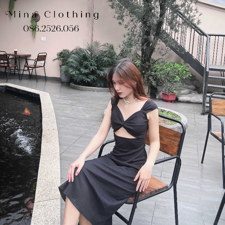 Đầm ôm body nữ kiểu hở xoắn ngực chất vải thun Borip Quảng Châu