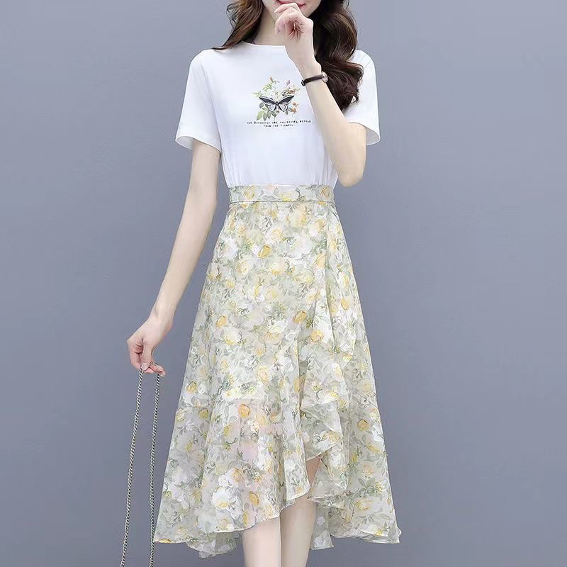 (S02) Sét Áo Thun Ngắn Tay + Chân Váy Hoa Nữ Tính Phong Cách Hàn Quốc