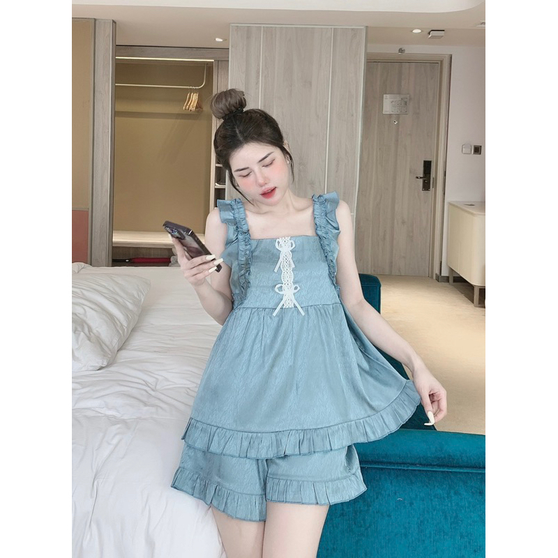 Bộ Lụa Xước Tô Châu Phối Nơ Dây Bèo Tiểu Thư Mã DD49